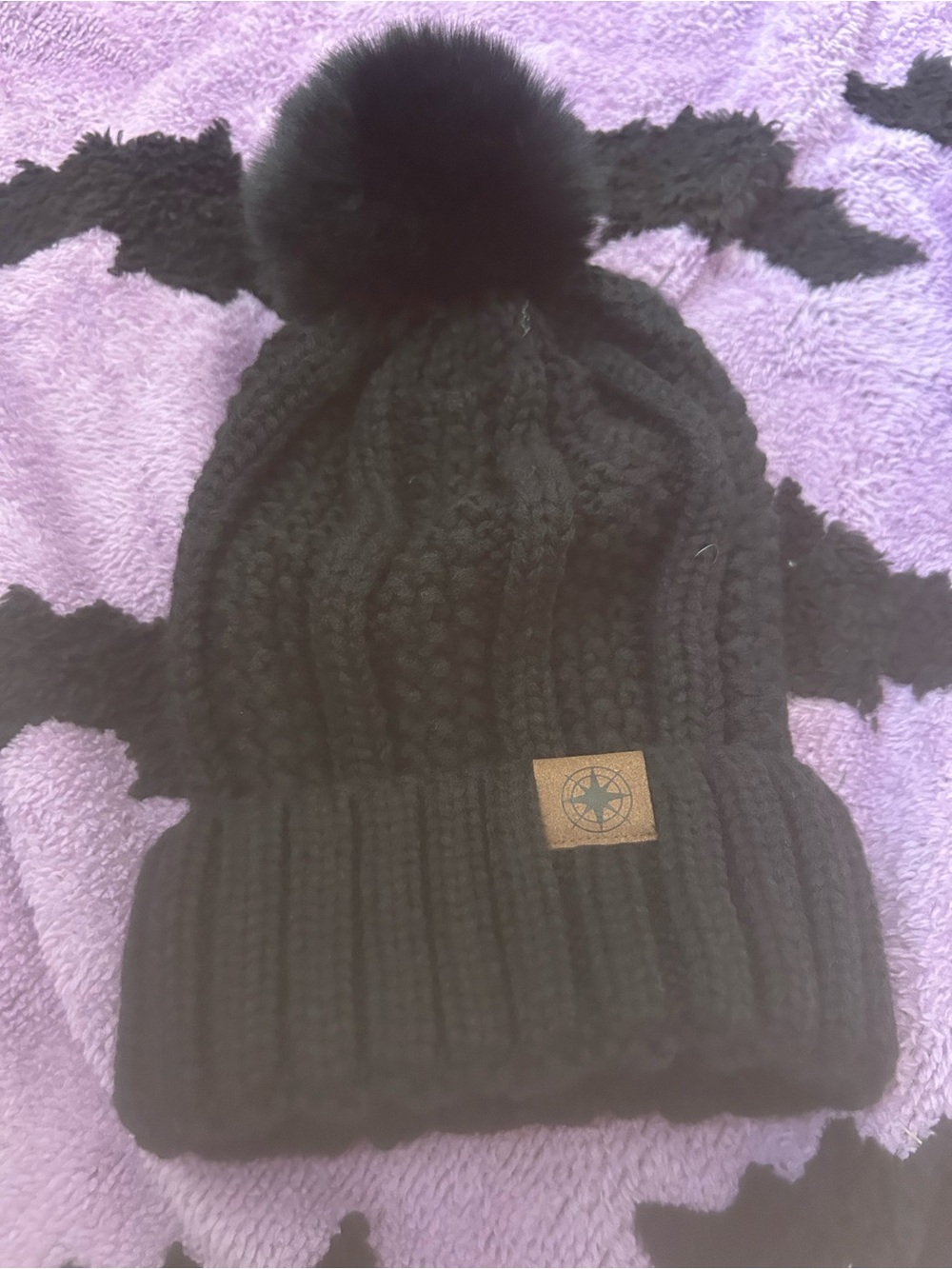 Kids Black Pom Knit Beanie Hat - Cozy Winter Accessory